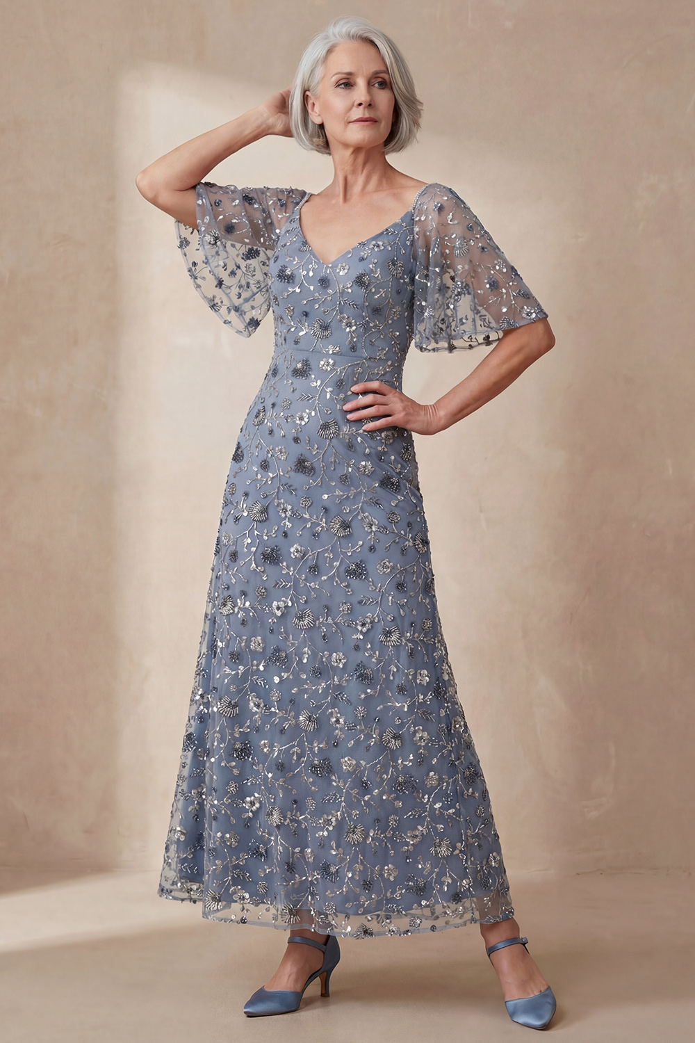 Sparkly Twilight Floral Beaded A Line Half Sleeves Ankle-Length Mother of the Bride Dress