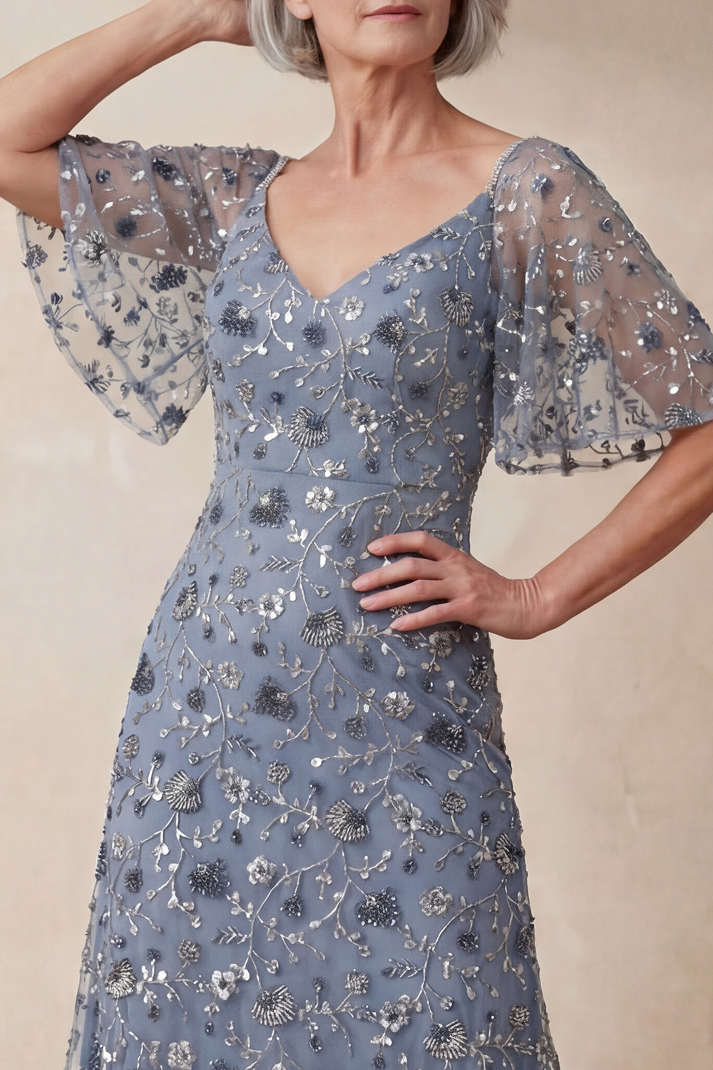 Sparkly Twilight Floral Beaded A Line Half Sleeves Ankle-Length Mother of the Bride Dress