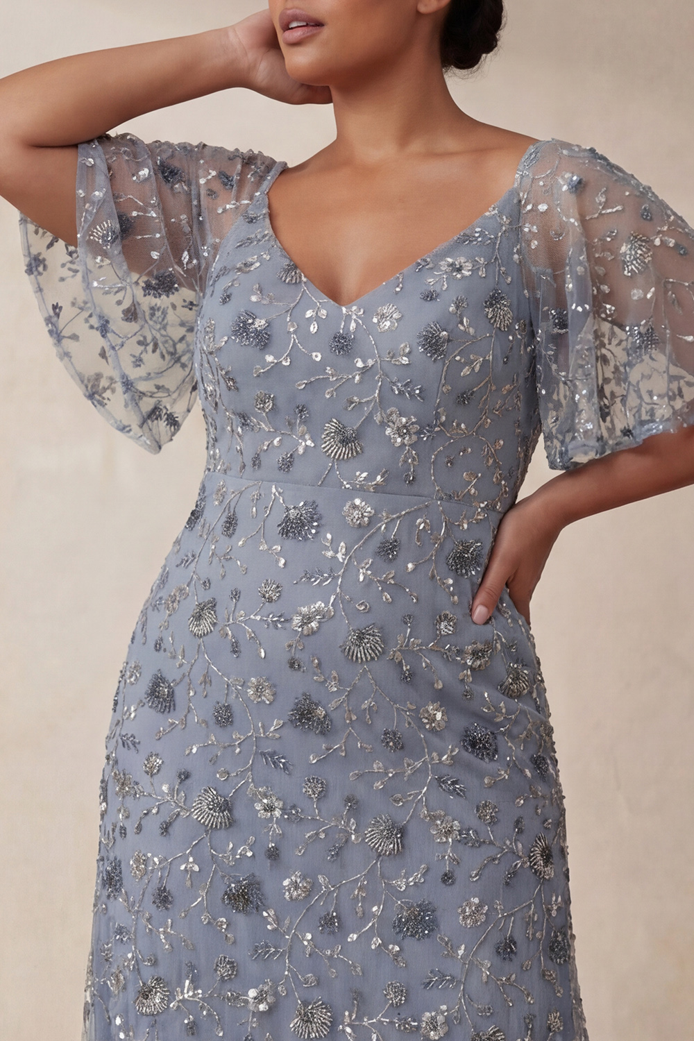 Sparkly Twilight Floral Beaded A Line Half Sleeves Ankle-Length Mother of the Bride Dress