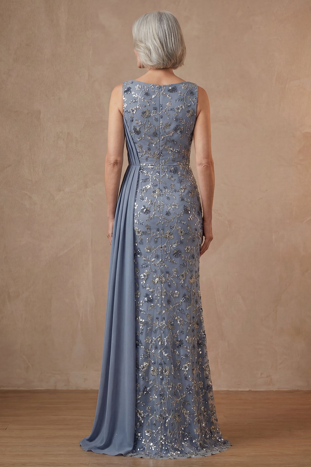 Sparkly Twilight Floral Beaded Mermaid Long Mother of the Bride Dress with Side Cape