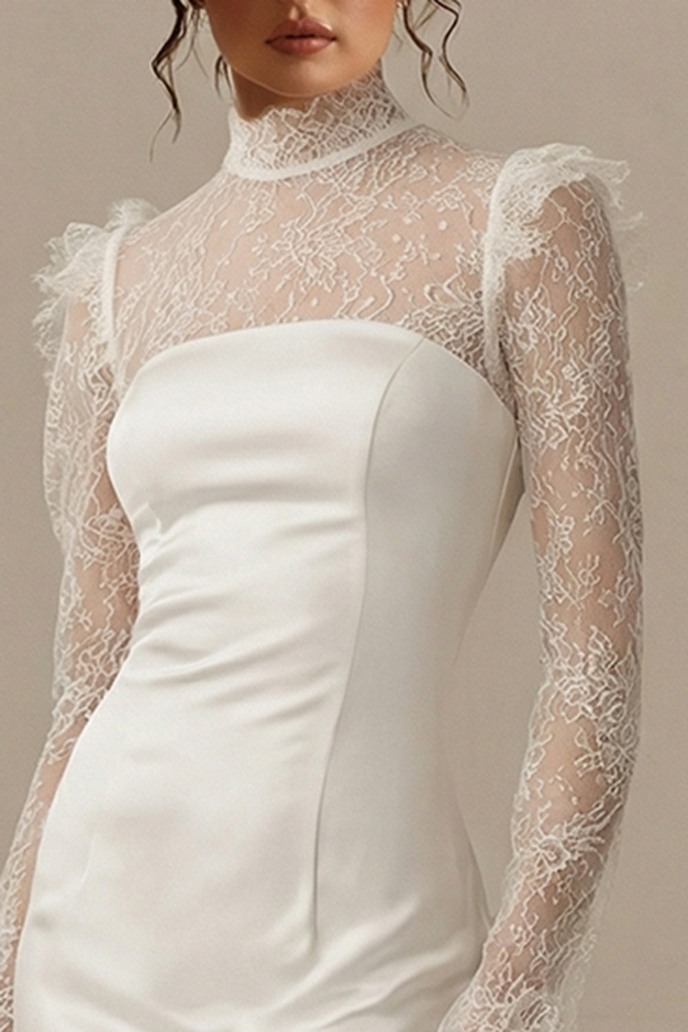 White Bodycon Short High Neck Ruffled Engagement Dress with Sleeves