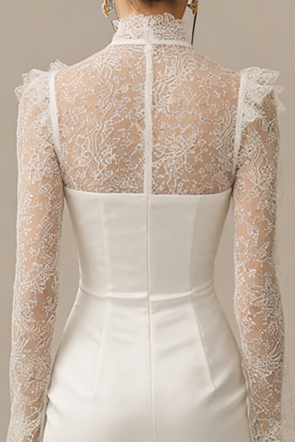 White Bodycon Short High Neck Ruffled Engagement Dress with Sleeves