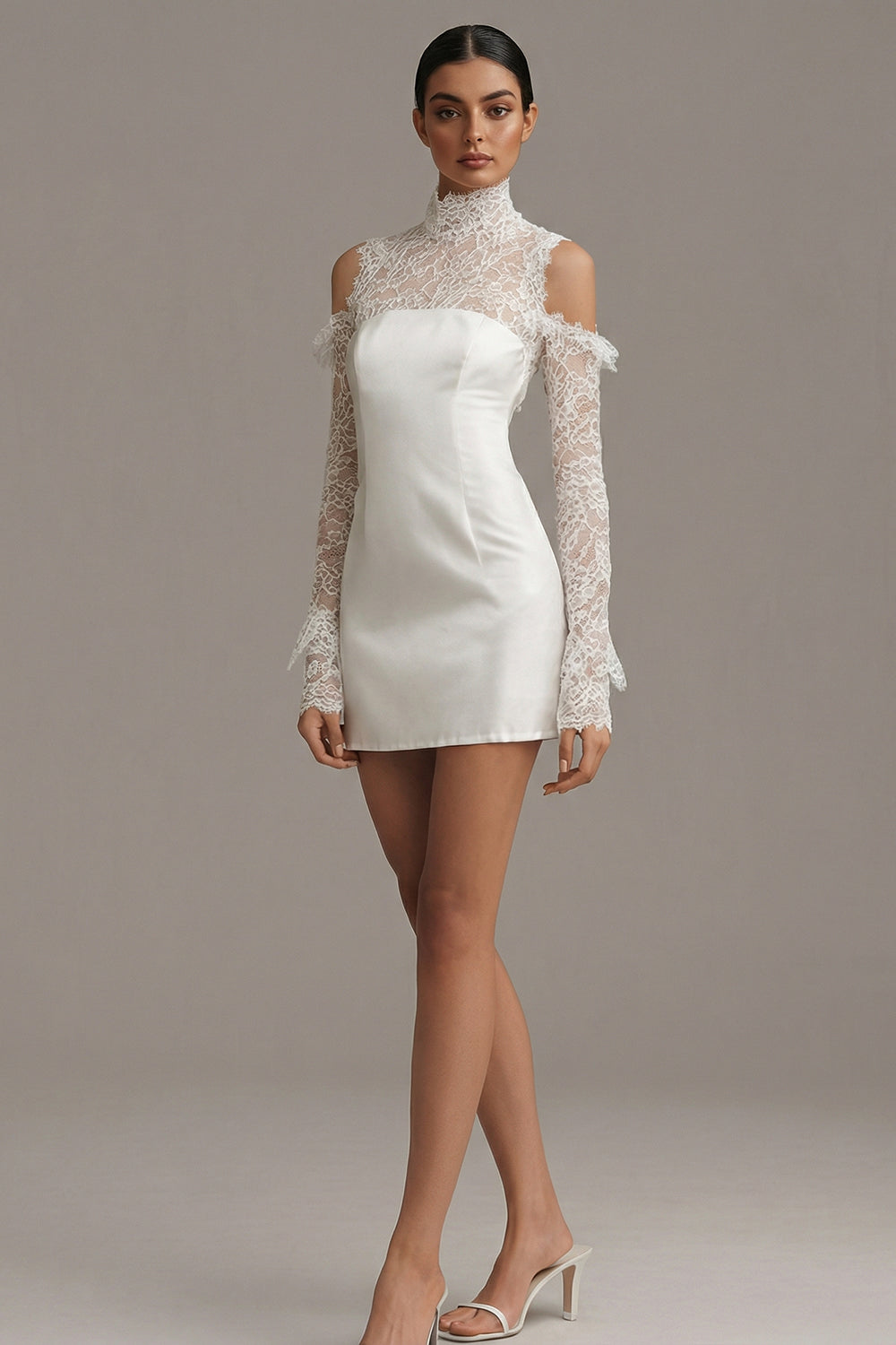 White Bodycon Short Cold Shoulder Ruffled Engagement Dress with Sleeves