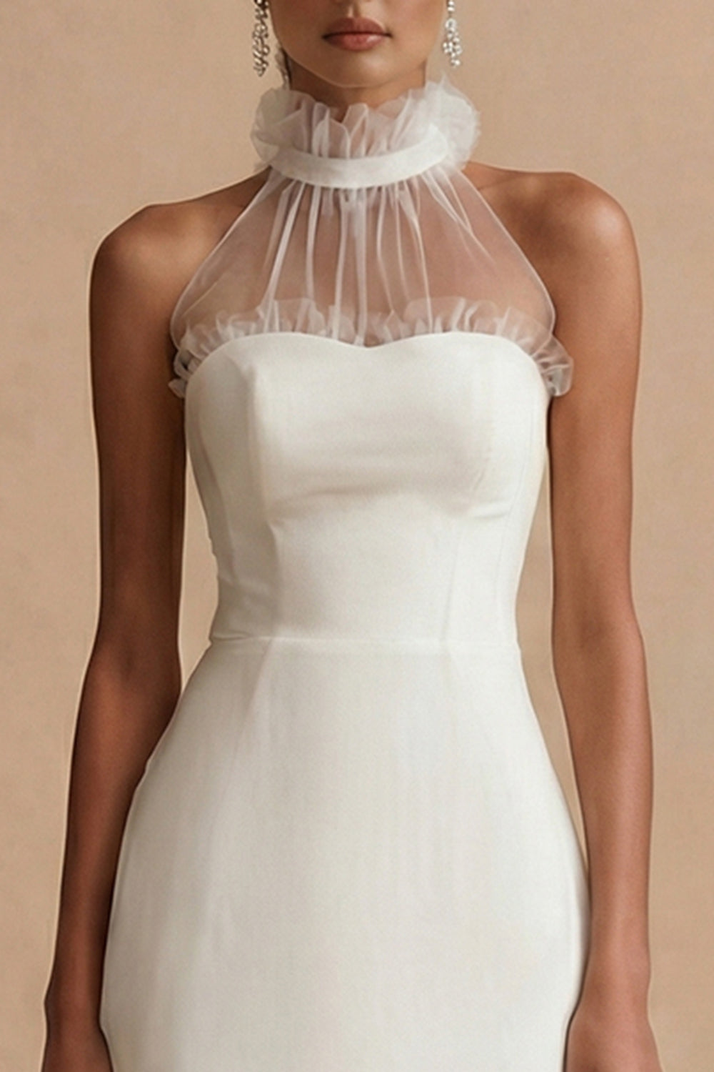 Sheath Round Neck Ruffled White Maxi Engagement Dress