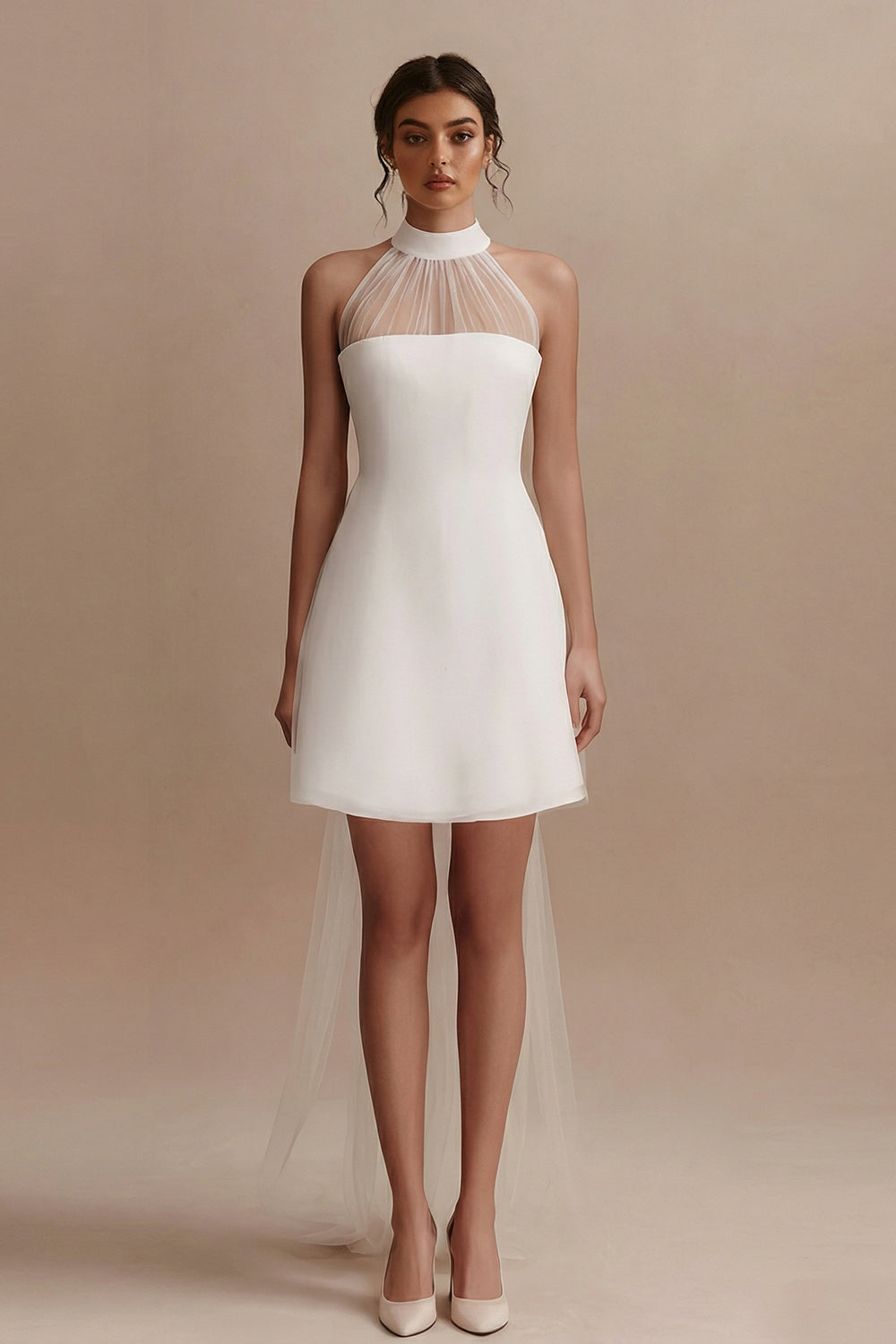 High Neck A Line White Short Engagement Dress with Cape