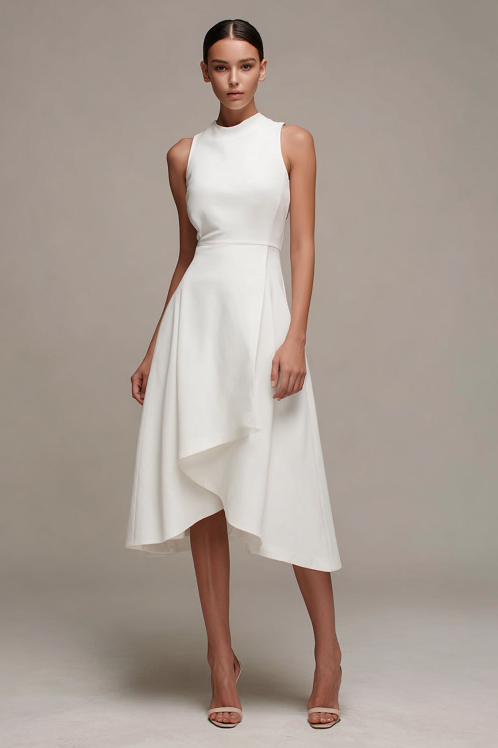 A Line Round Neck White Asymmetrical Engagement Dress with Ruffles