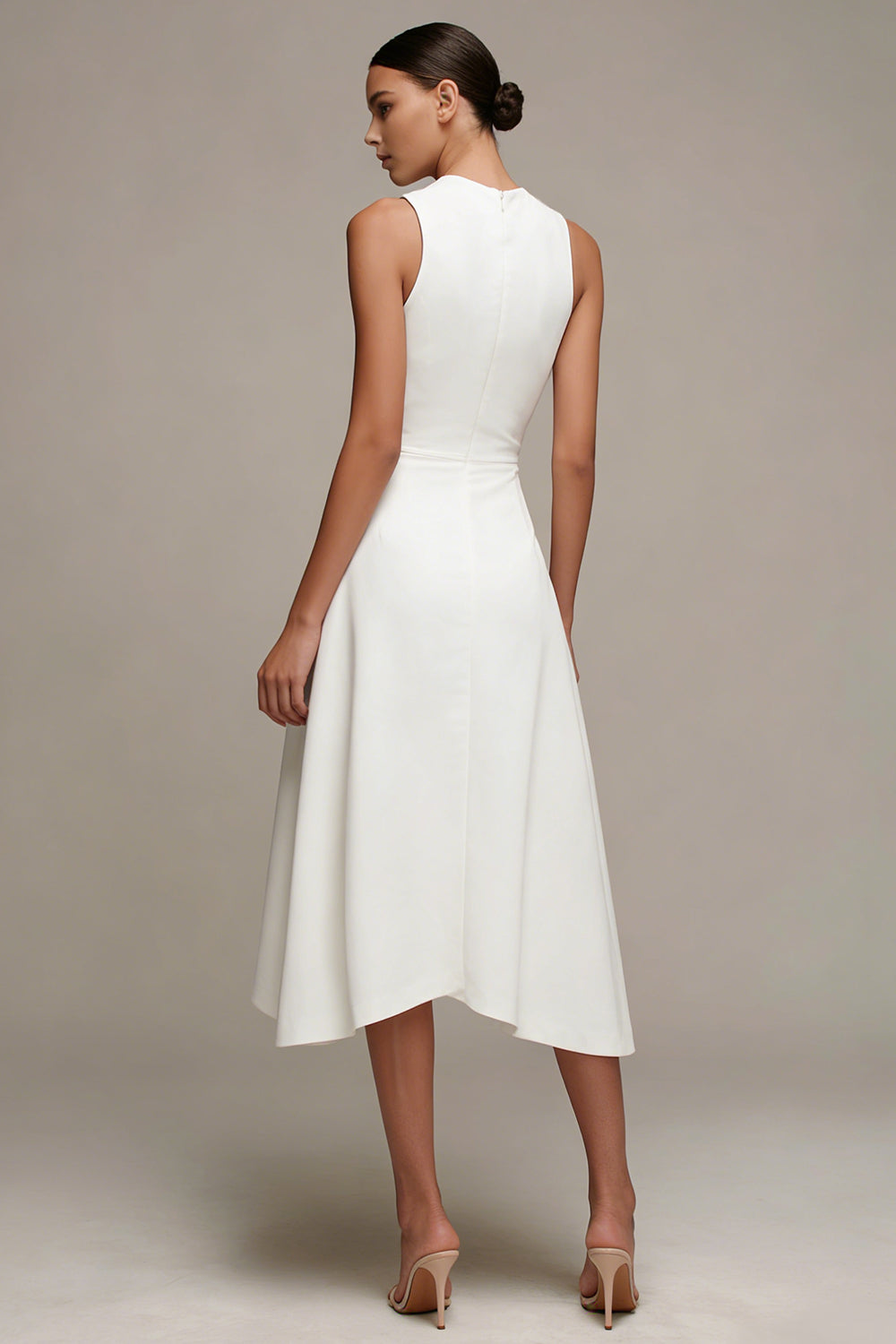 A Line Round Neck White Asymmetrical Engagement Dress with Ruffles