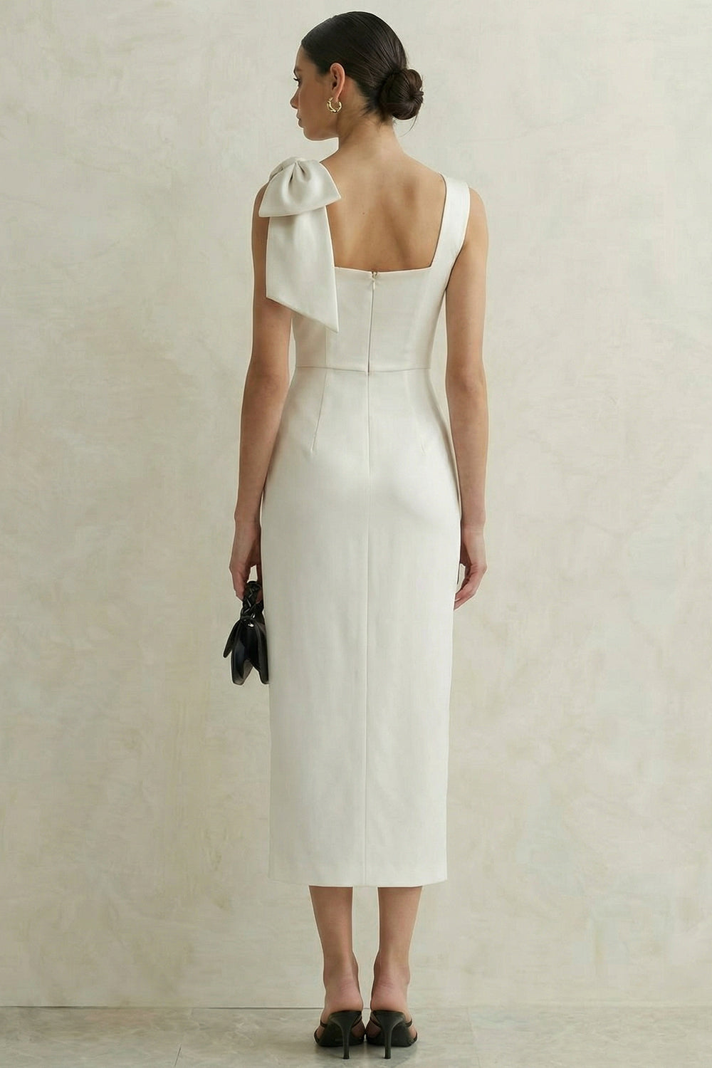 Bodycon Square Neck White Midi Engagement Dress with Bow
