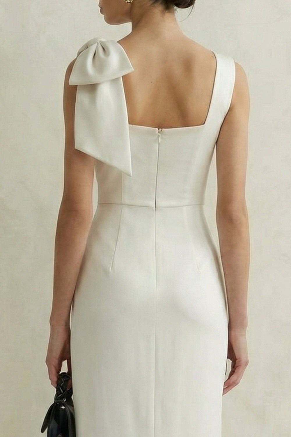 Bodycon Square Neck White Midi Engagement Dress with Bow