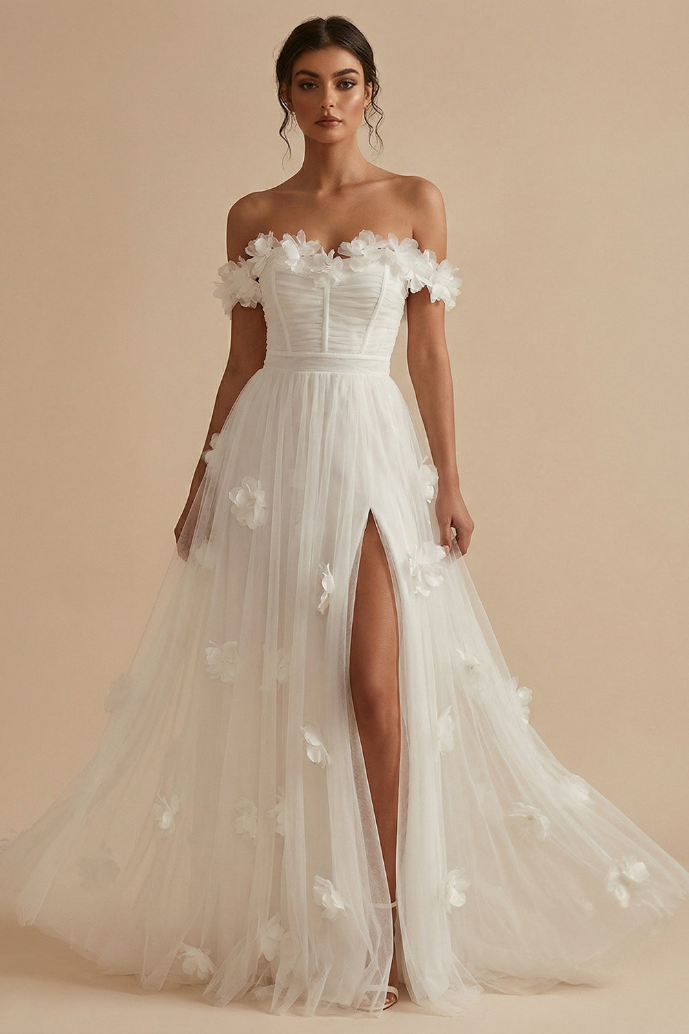 Off the Shoulder White Corset Long Floral Wedding Reception Dress with Slit