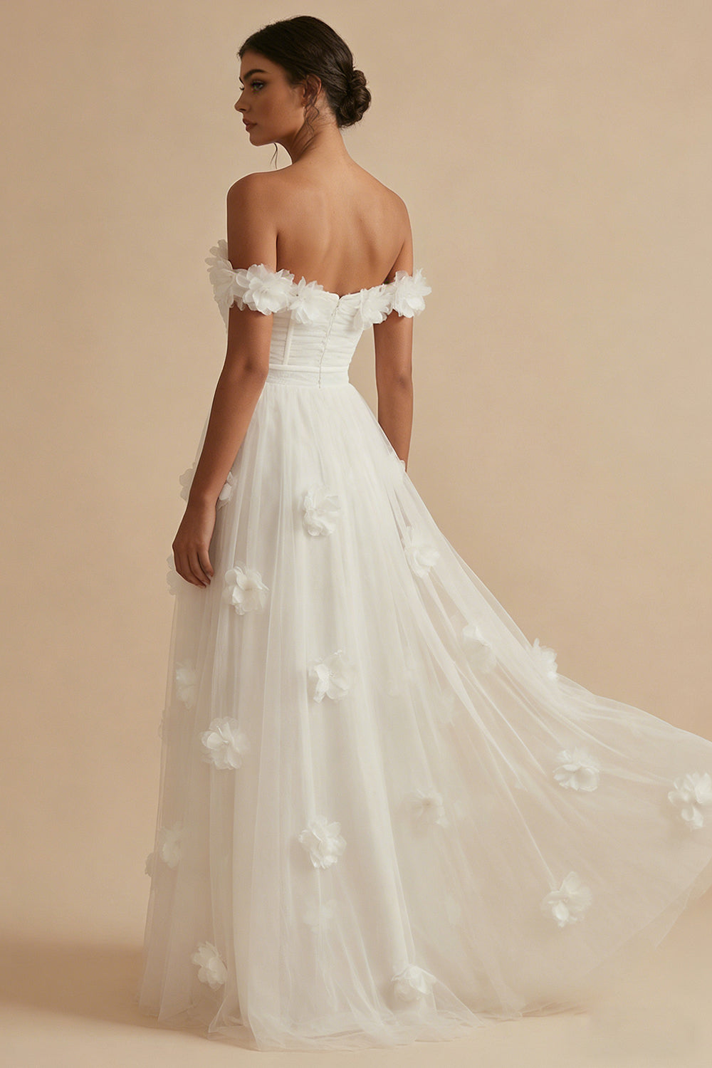 Off the Shoulder White Corset Long Floral Wedding Reception Dress with Slit