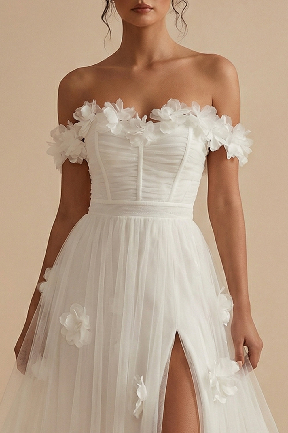 Off the Shoulder White Corset Long Floral Wedding Reception Dress with Slit
