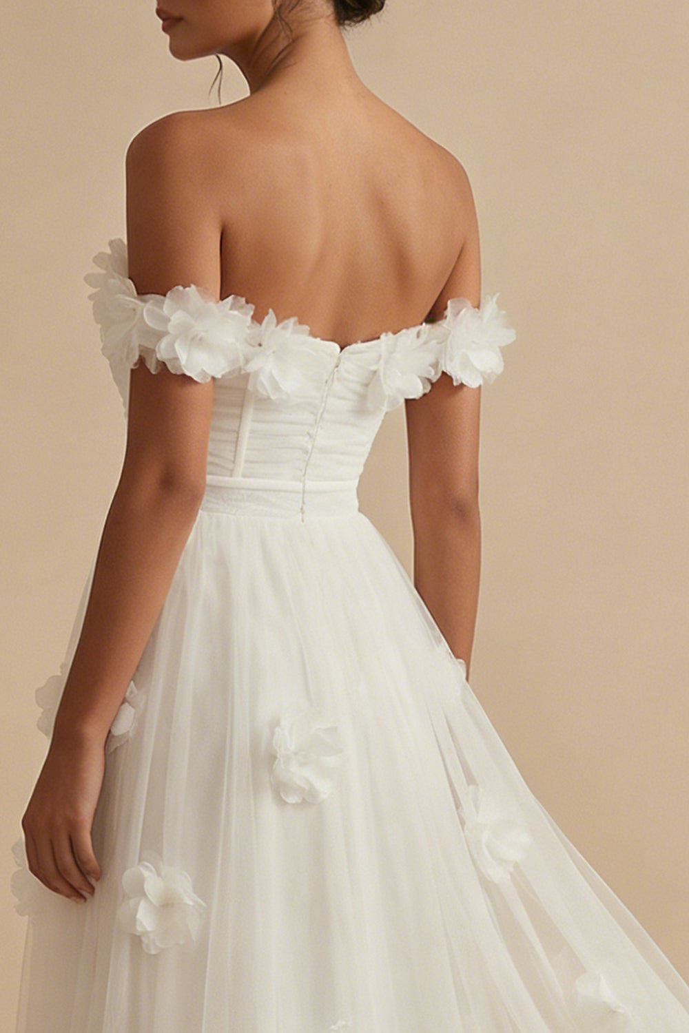 Off the Shoulder White Corset Long Floral Wedding Reception Dress with Slit