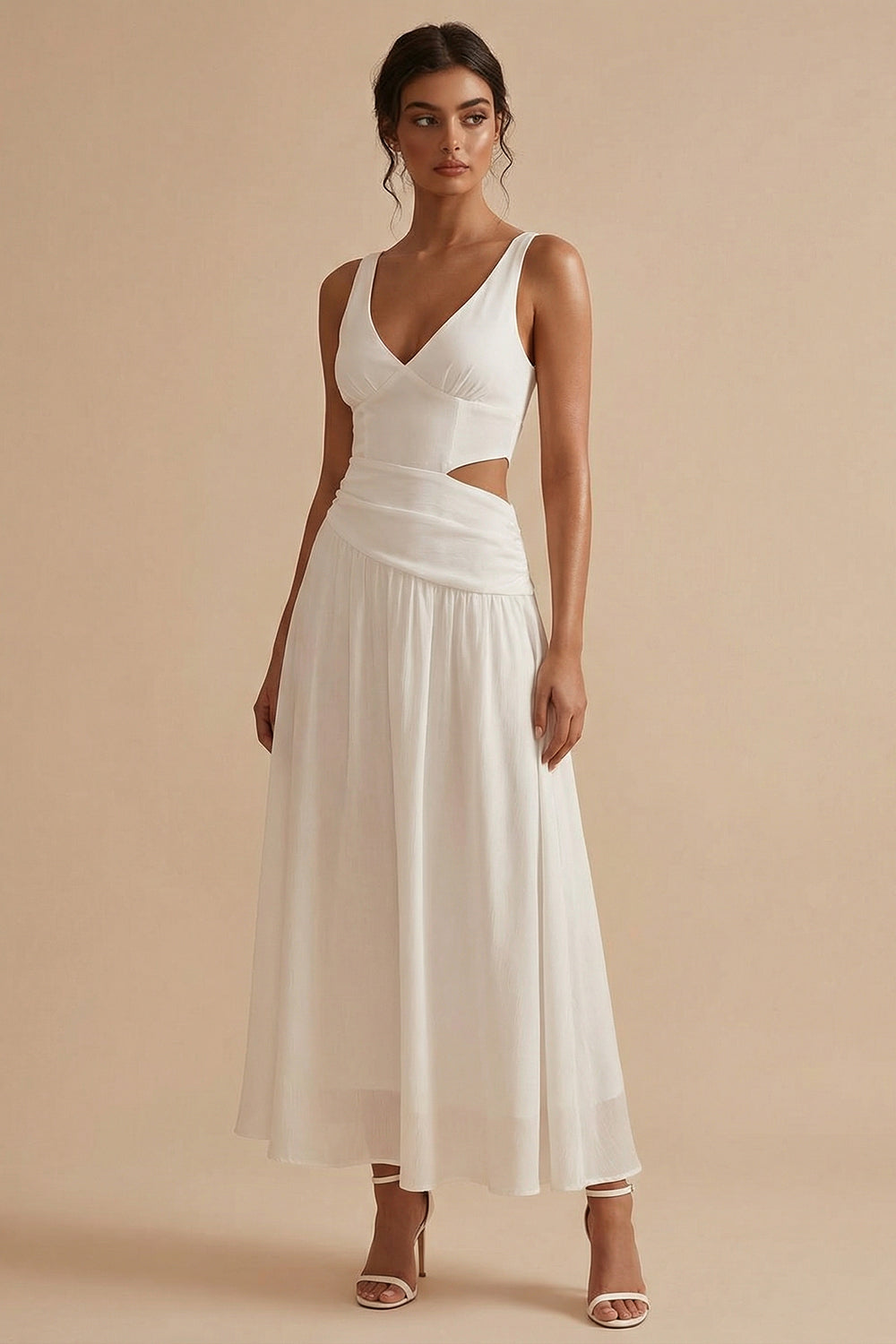 A Line V Neck Cut Out White Maxi Engagement Dress