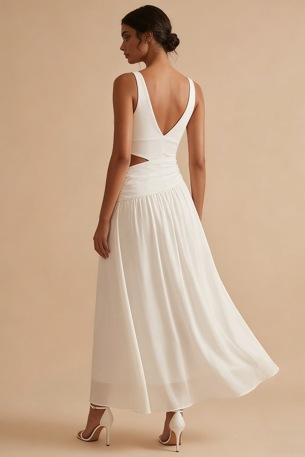 A Line V Neck Cut Out White Maxi Engagement Dress