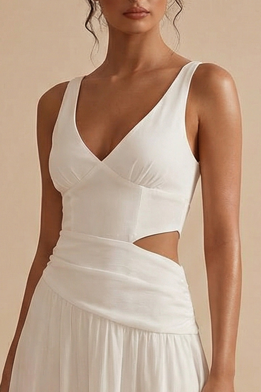 A Line V Neck Cut Out White Maxi Engagement Dress