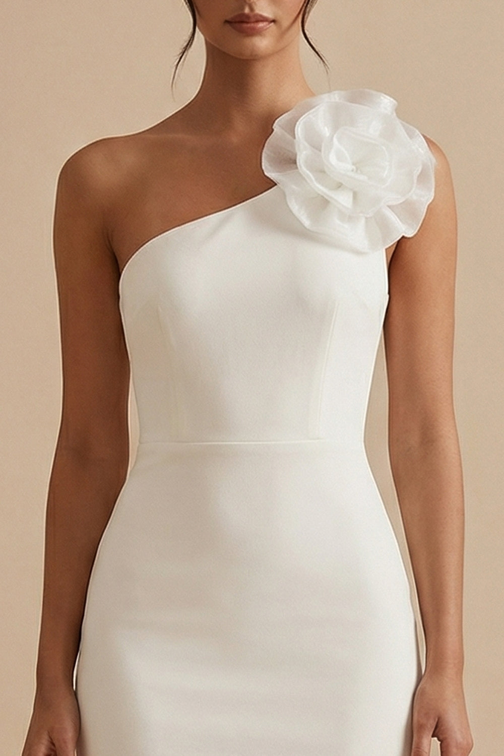 White Short Bodycon One Shoulder Engagement Dress with 3D Flower