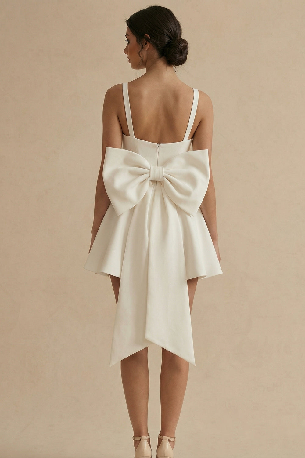 White Short Square Neck A Line Engagement Dress with Bow