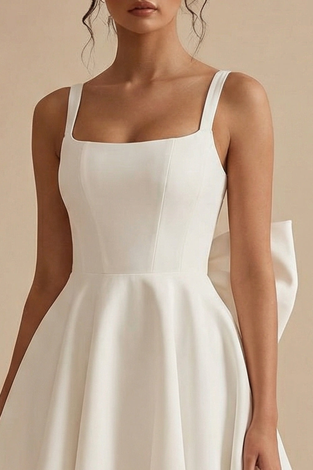 White Short Square Neck A Line Engagement Dress with Bow