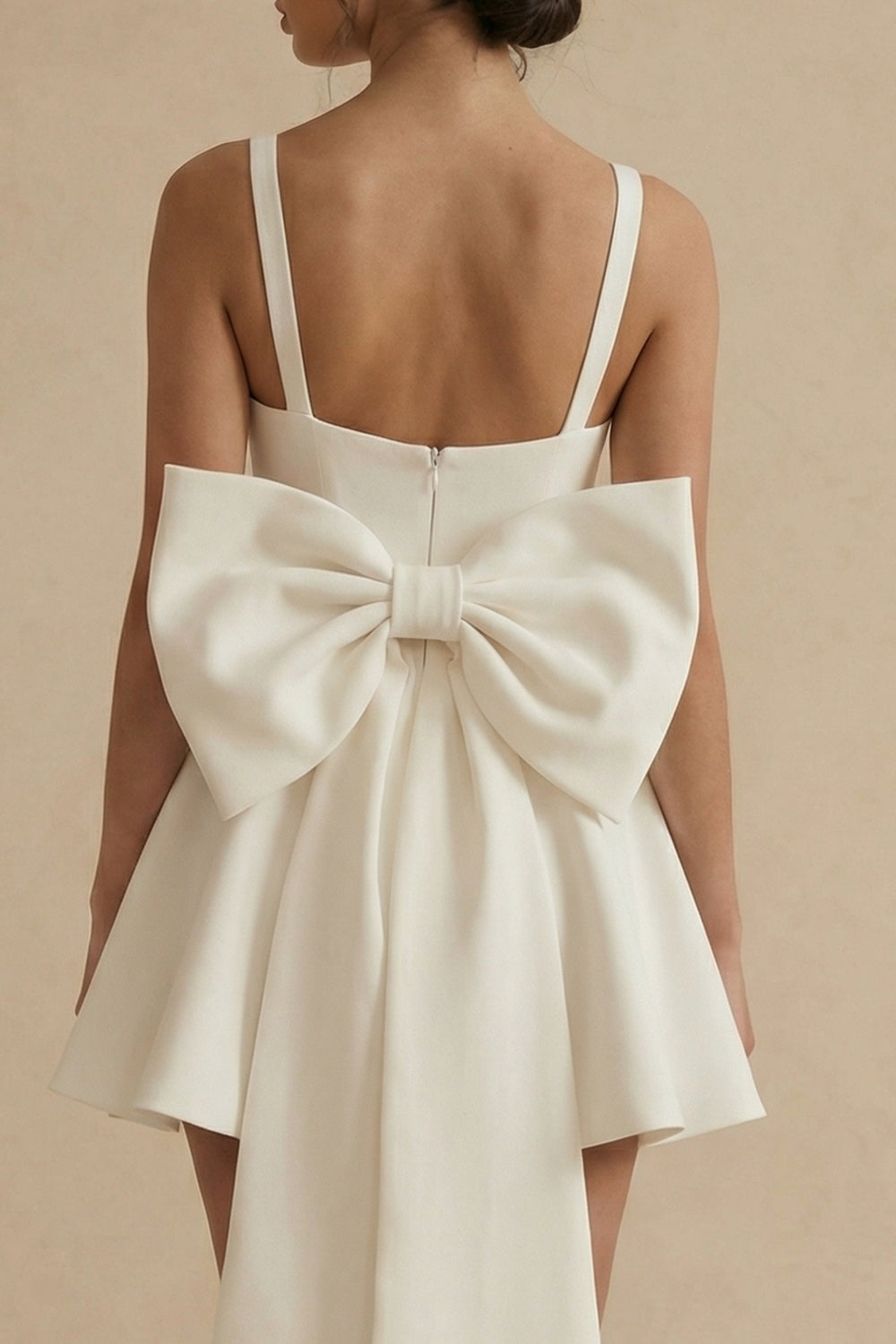 White Short Square Neck A Line Engagement Dress with Bow