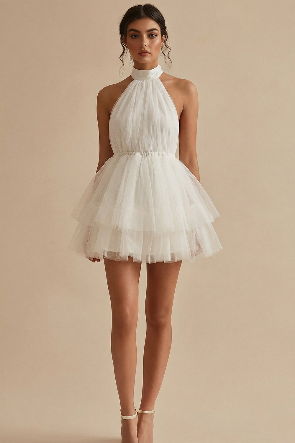 White Short A Line Round Neck Tulle Engagement Dress