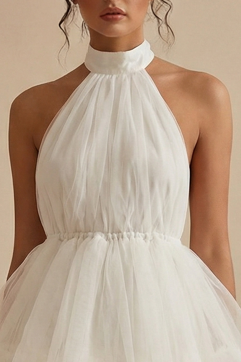 White Short A Line Round Neck Tulle Engagement Dress