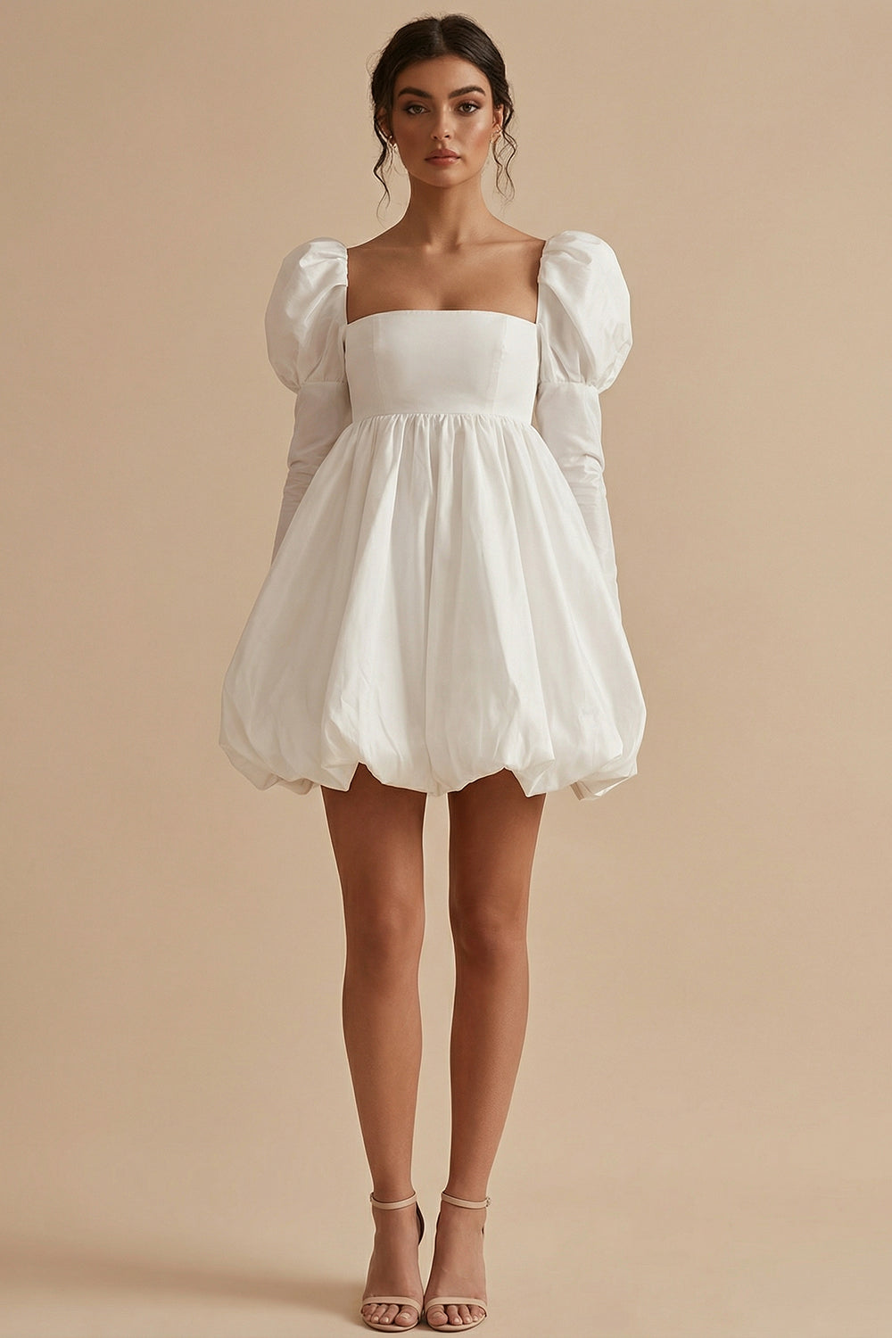 White Short A Line Square Neck Puff Sleeves Bubble Hem Engagement Dress