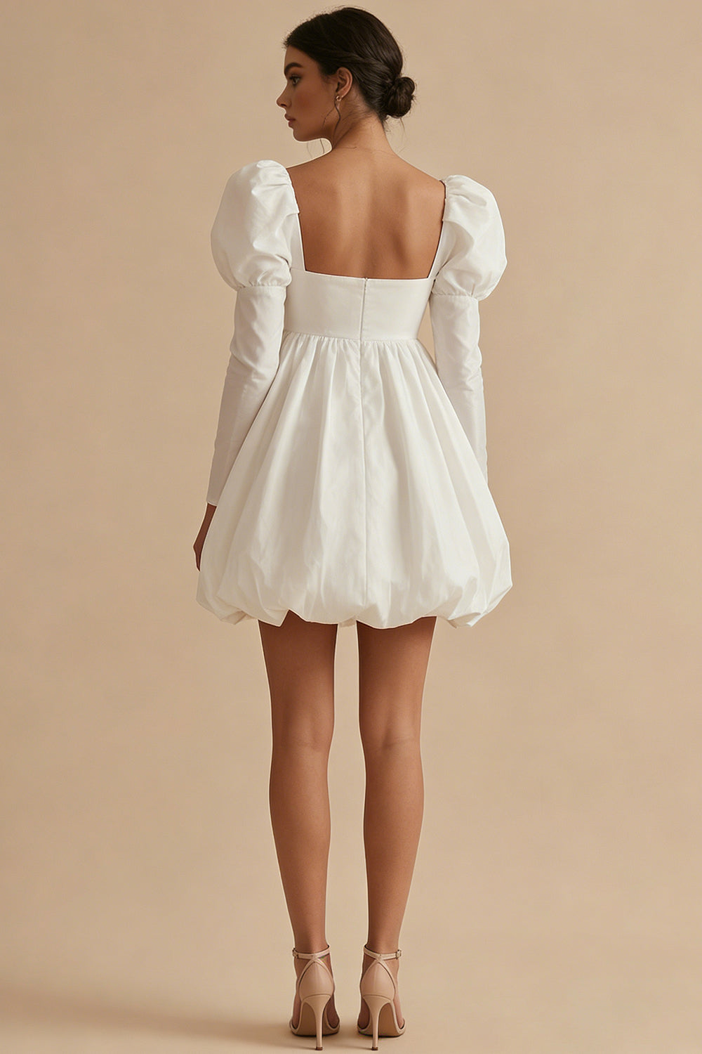White Short A Line Square Neck Puff Sleeves Bubble Hem Engagement Dress