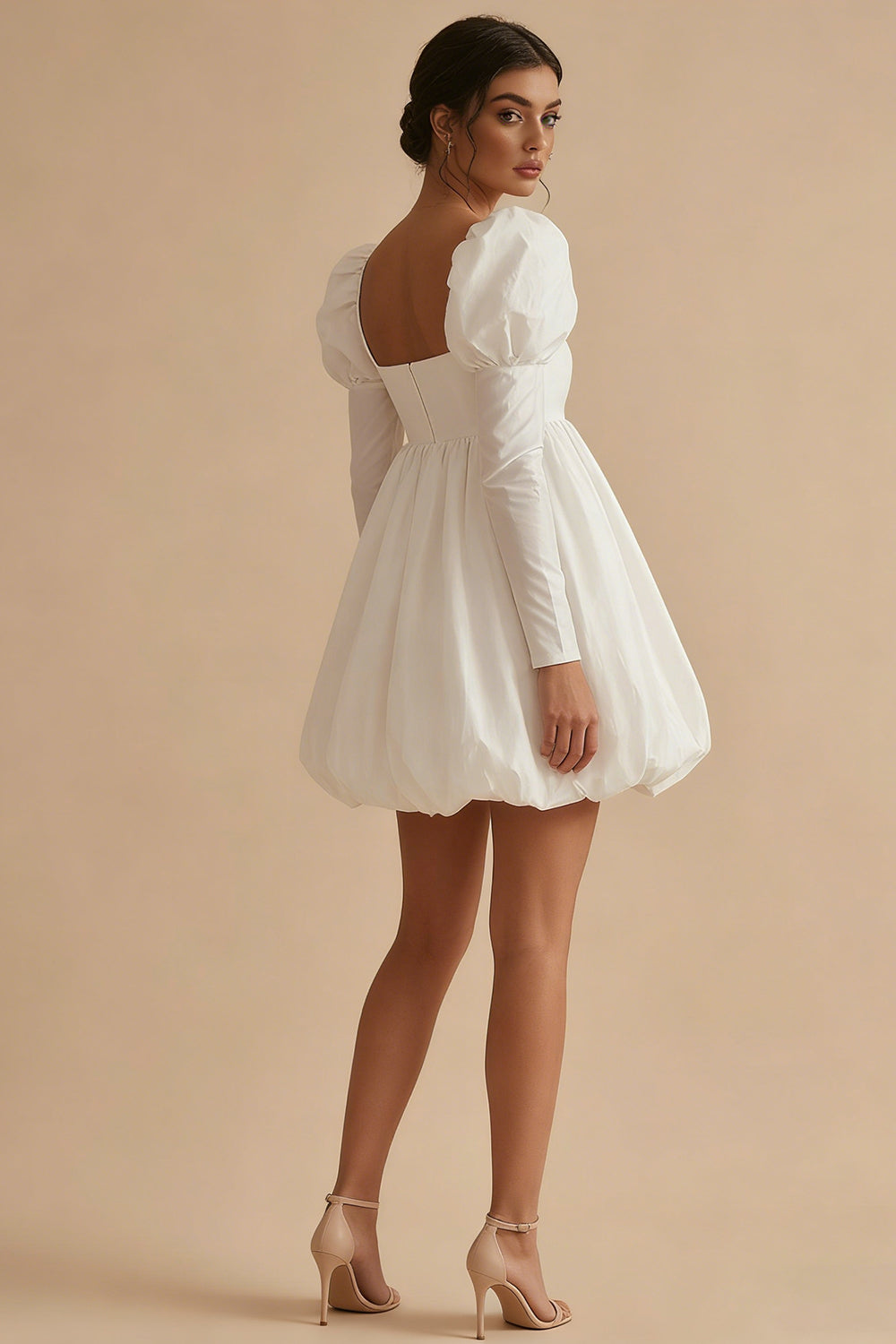 White Short A Line Square Neck Puff Sleeves Bubble Hem Engagement Dress
