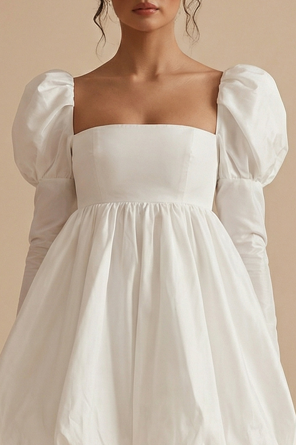 White Short A Line Square Neck Puff Sleeves Bubble Hem Engagement Dress
