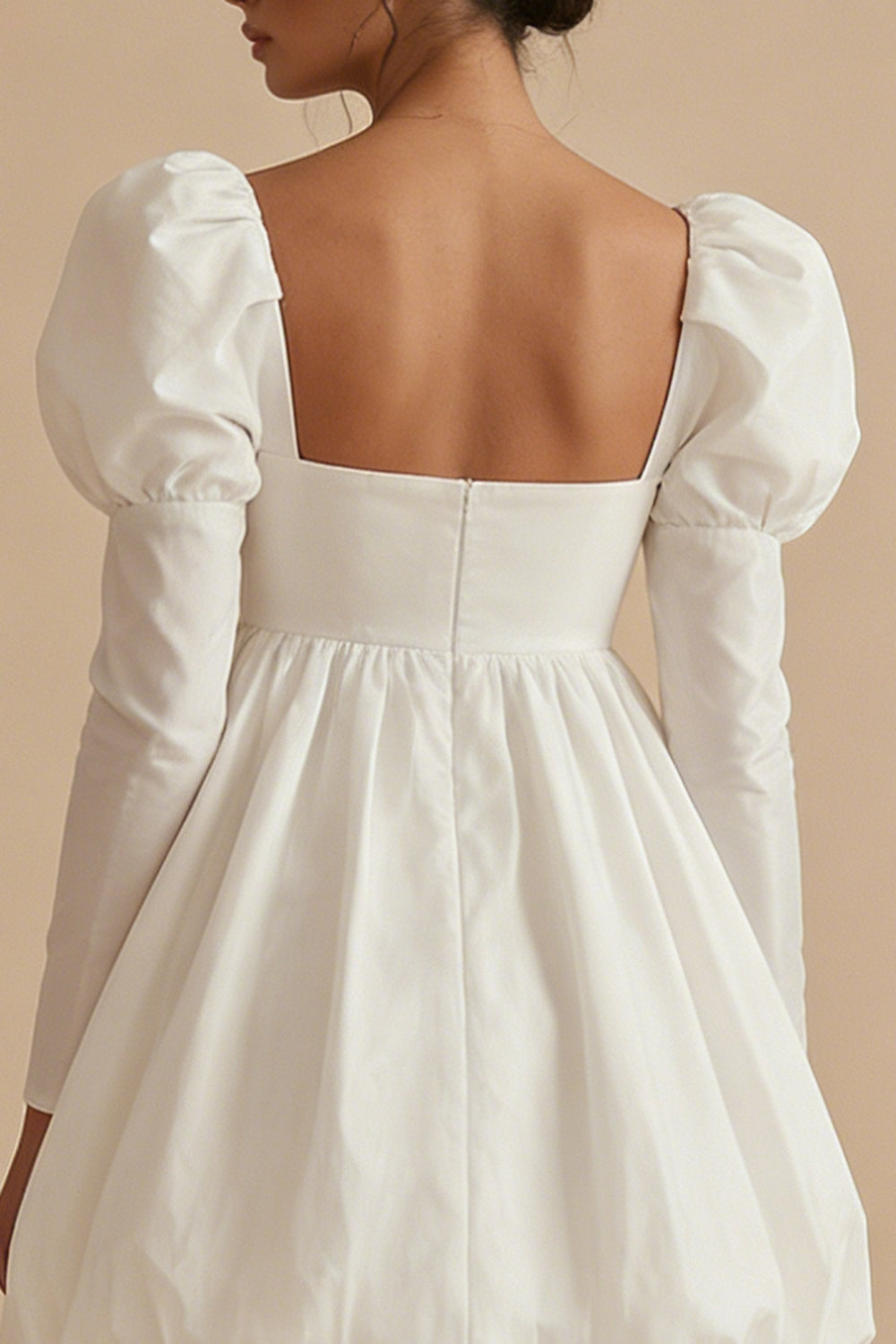 White Short A Line Square Neck Puff Sleeves Bubble Hem Engagement Dress