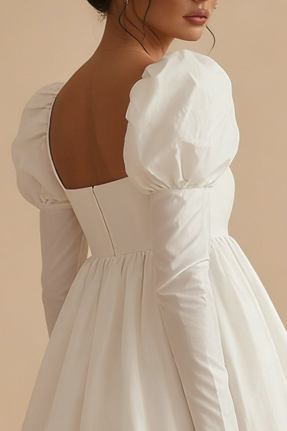 White Short A Line Square Neck Puff Sleeves Bubble Hem Engagement Dress