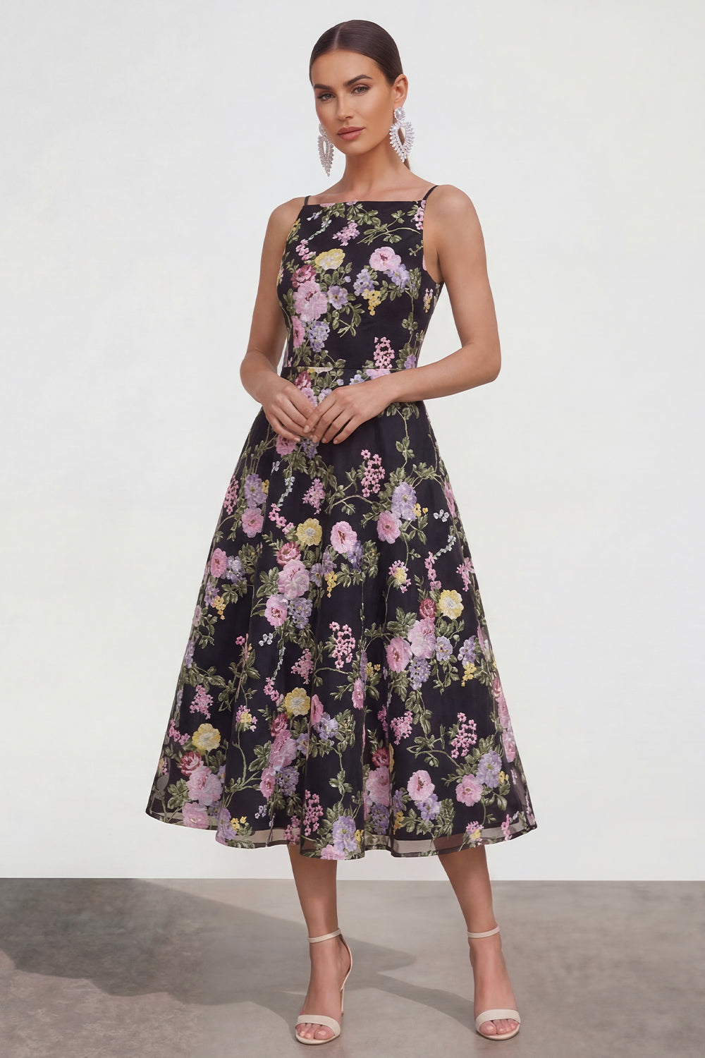 Black Pink Flower Spaghetti Straps A Line Maxi Wedding Guest Dress