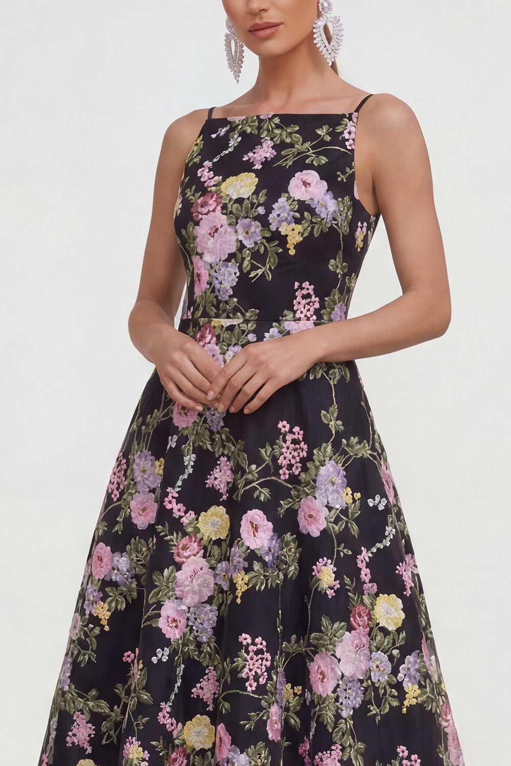 Black Pink Flower Spaghetti Straps A Line Maxi Wedding Guest Dress