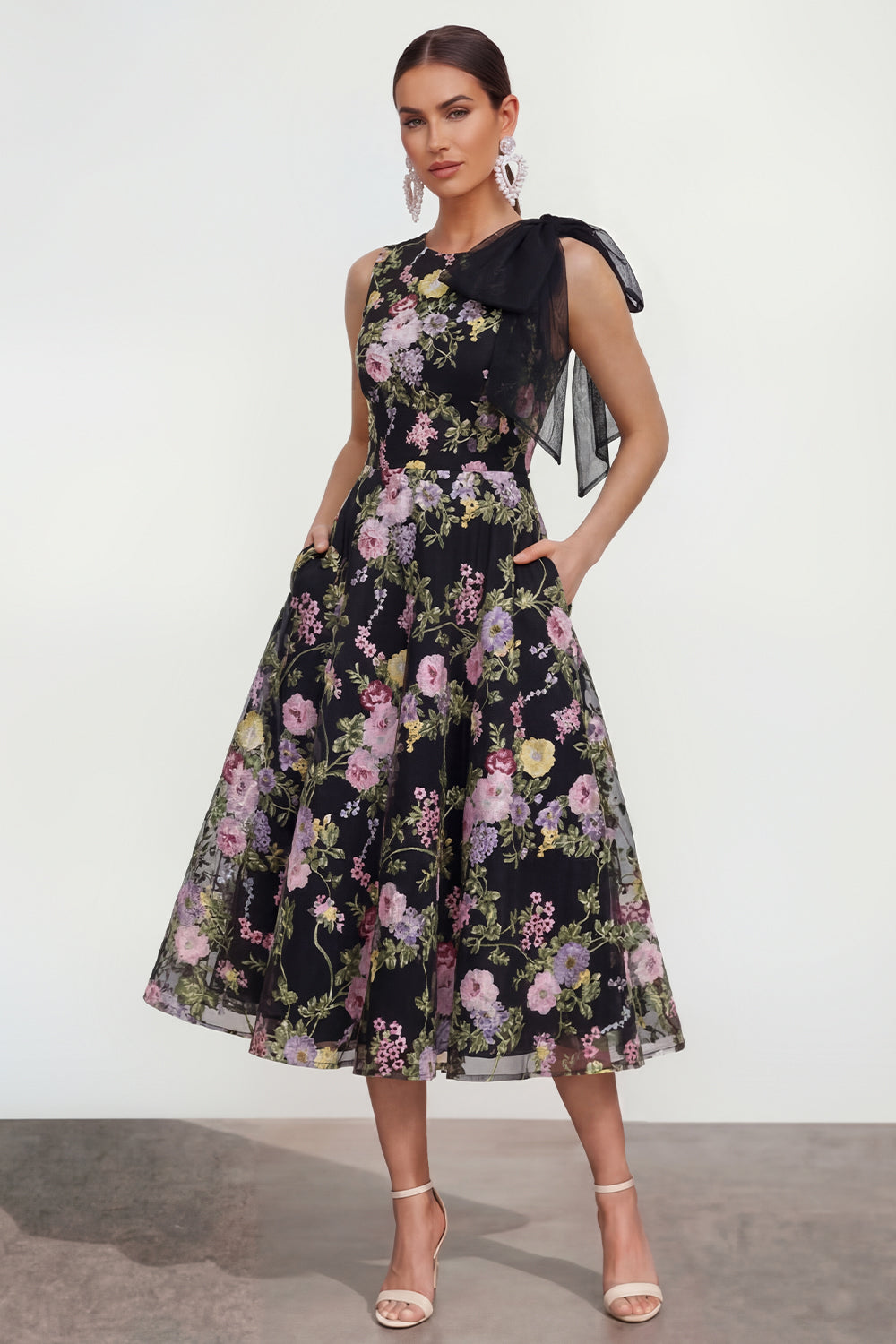 Black Pink Flower Maxi A Line Wedding Guest Dress with Pockets