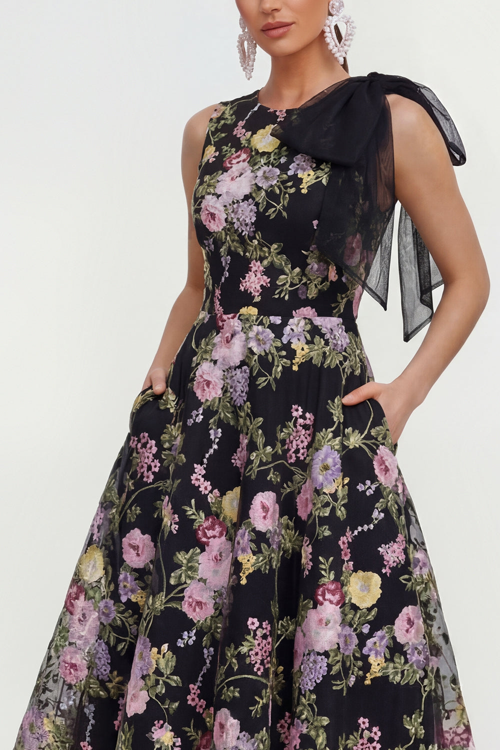 Black Pink Flower Maxi A Line Wedding Guest Dress with Pockets