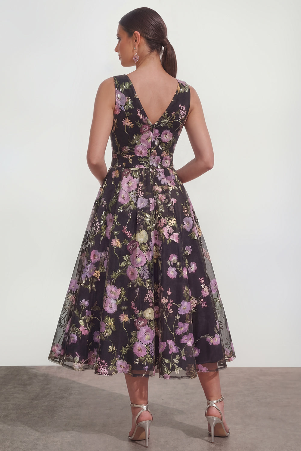 Black Pink Flower V-Neck A Line Maxi Wedding Guest Dress with Bow