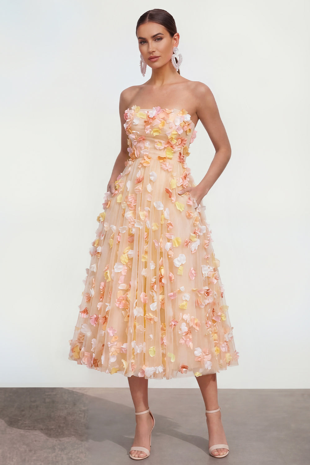 Champagne Floral A Line Strapless Maxi Wedding Guest Dress with Pockets