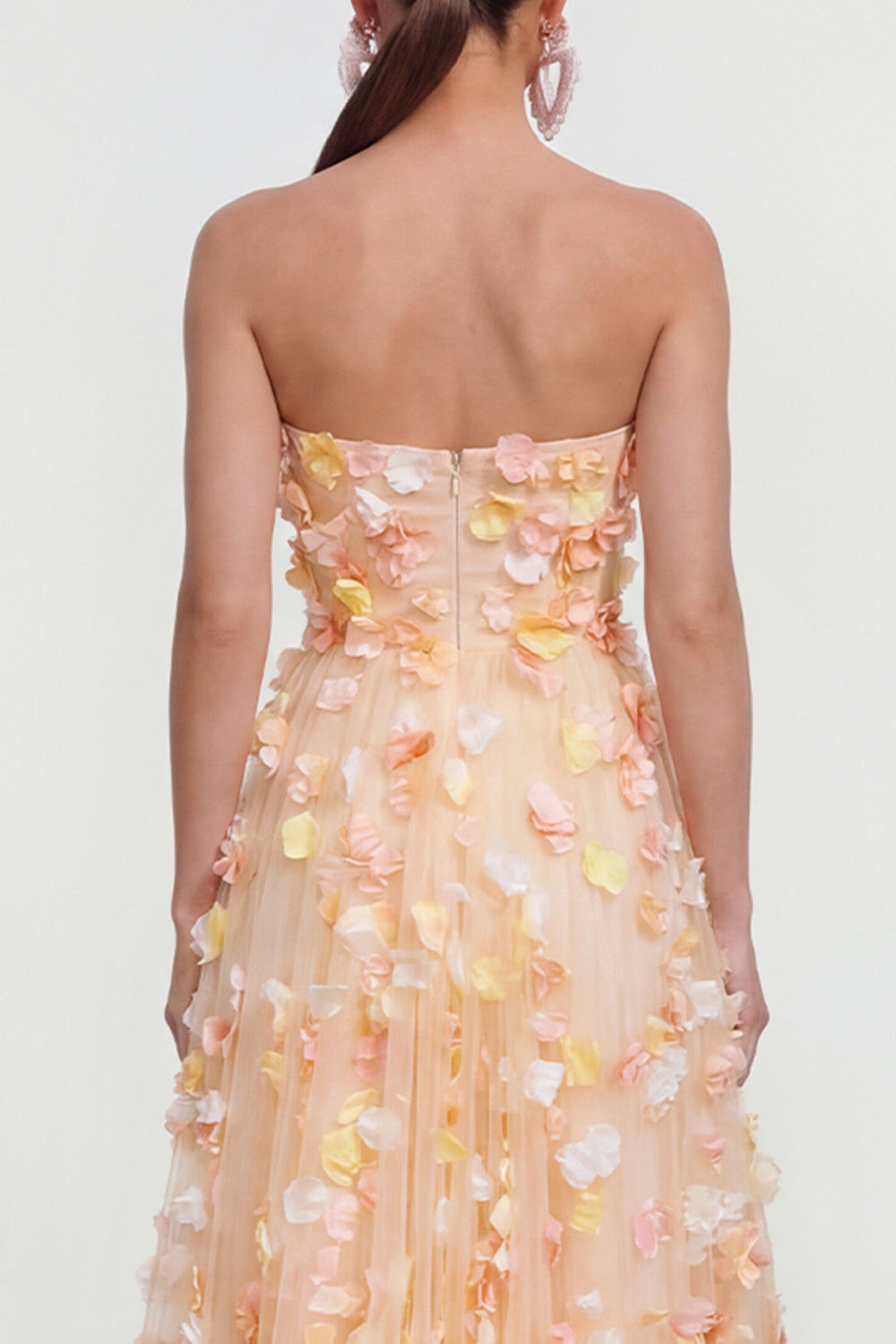 Champagne Floral A Line Strapless Maxi Wedding Guest Dress with Pockets