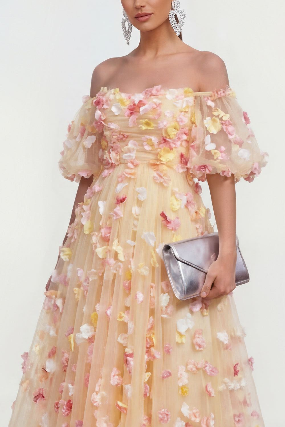 Champagne Floral A Line Off the Shoulder Maxi Wedding Guest Dress