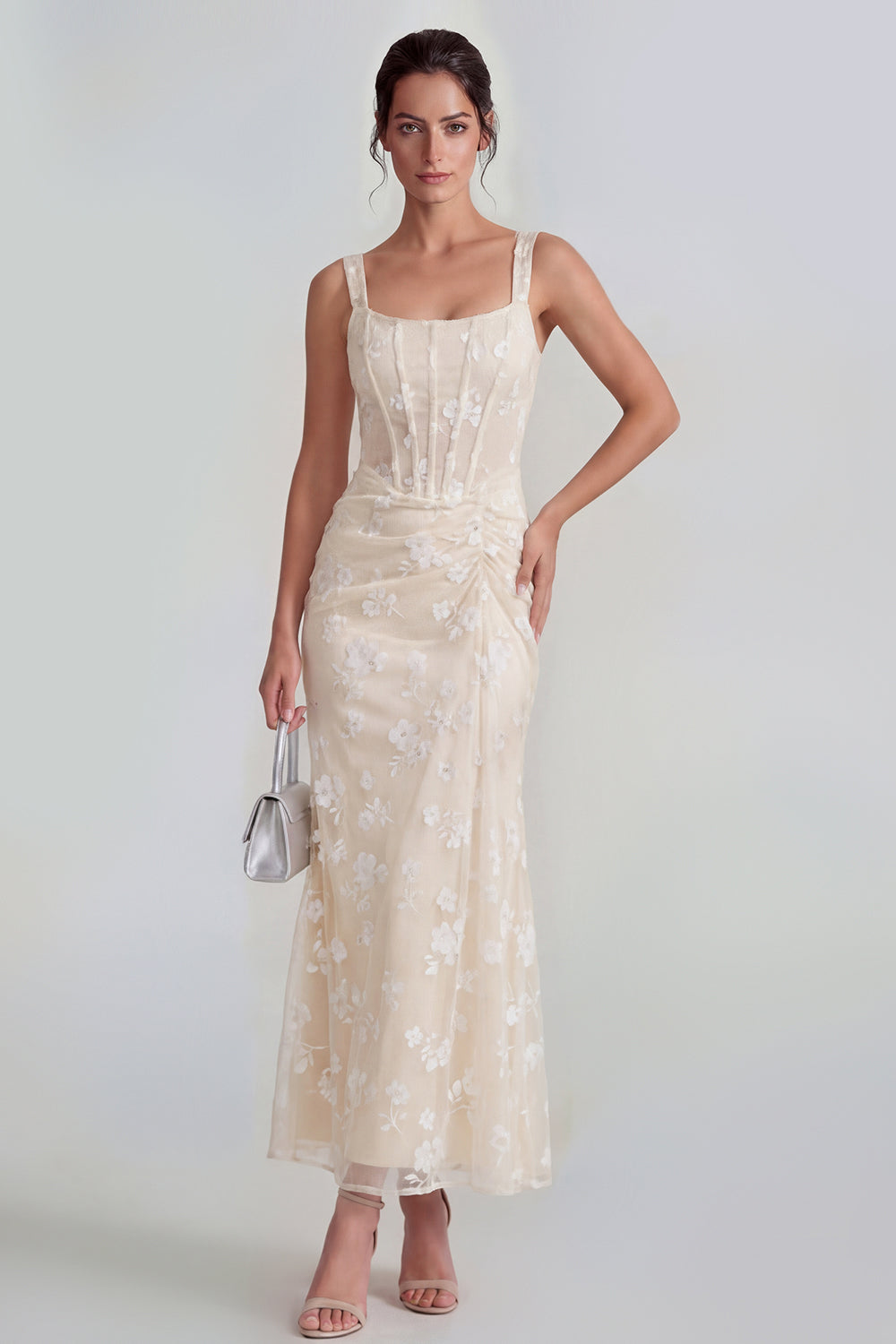 White Sheath Ruched Thick Straps Corset Maxi Wedding Guest Dress