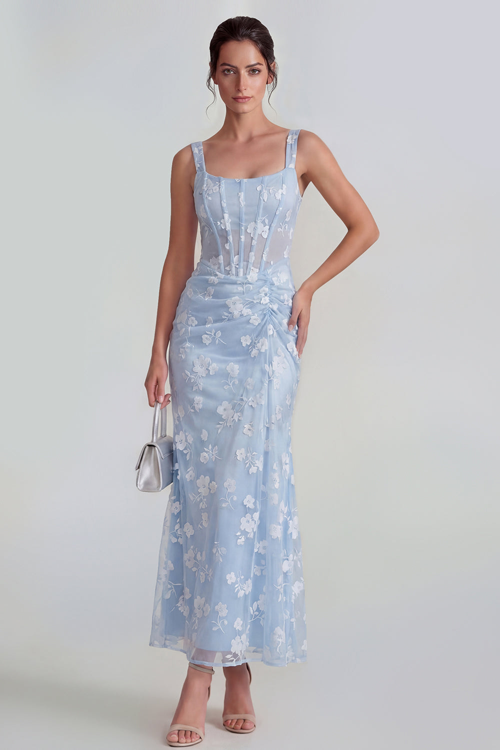 White Sheath Ruched Thick Straps Corset Maxi Wedding Guest Dress