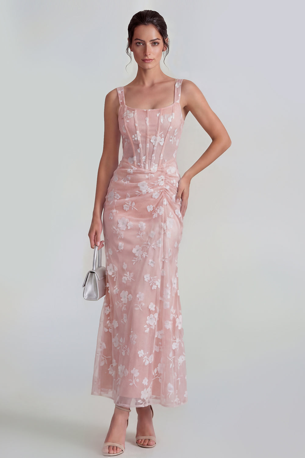 White Sheath Ruched Thick Straps Corset Maxi Wedding Guest Dress