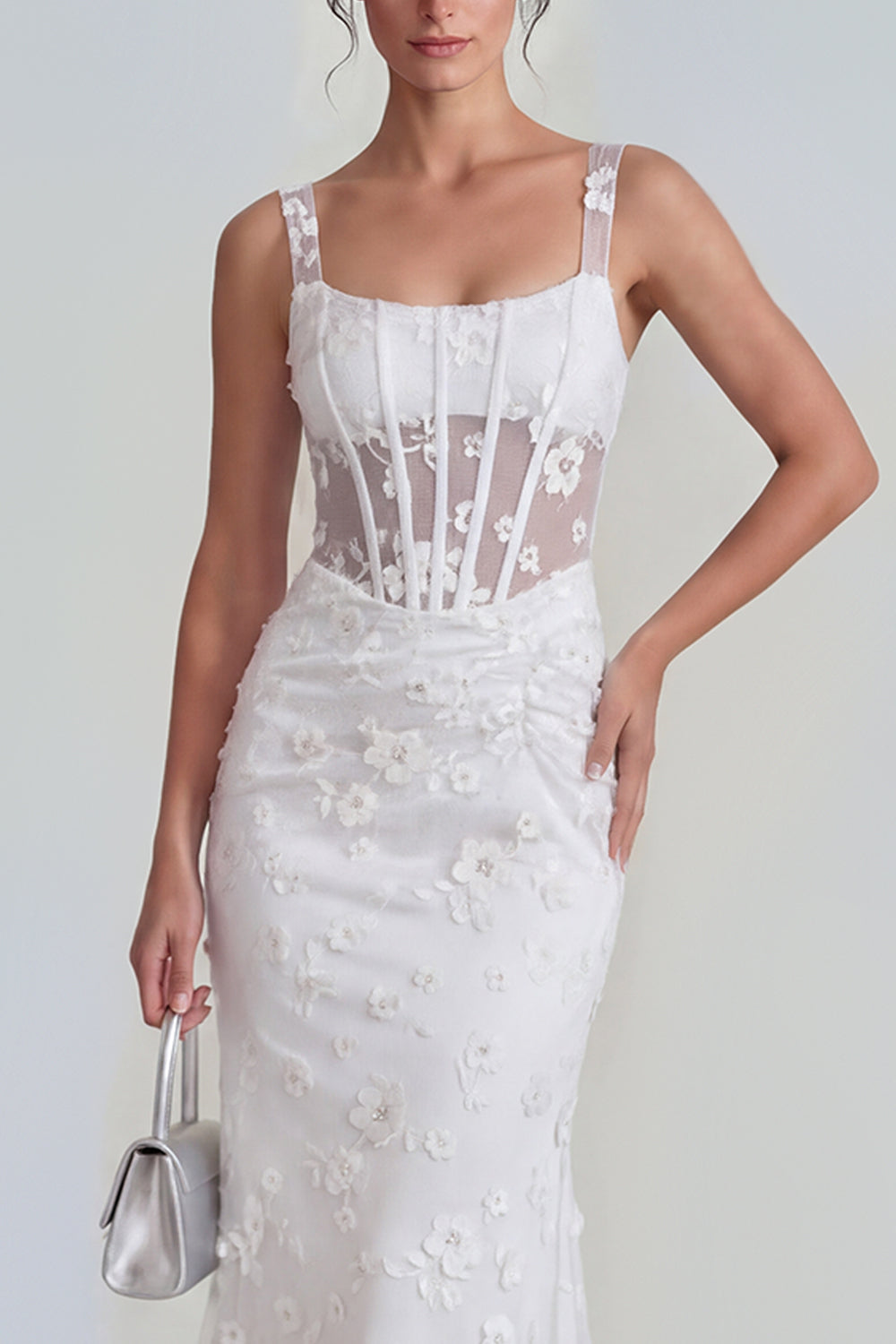 White Sheath Ruched Thick Straps Corset Maxi Wedding Guest Dress