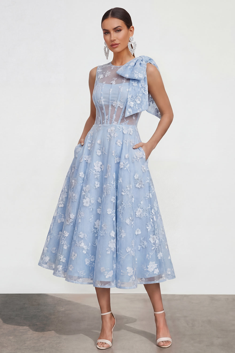 Blue Round Neck A Line Maxi Wedding Guest Dress with Pockets