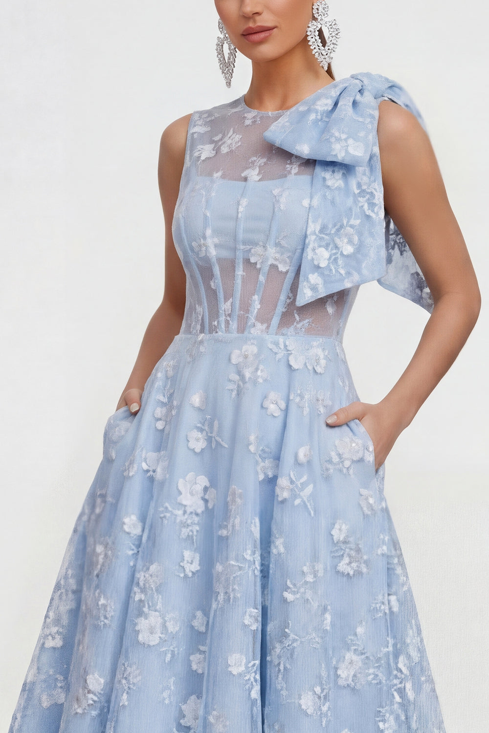 Blue Round Neck A Line Maxi Wedding Guest Dress with Pockets