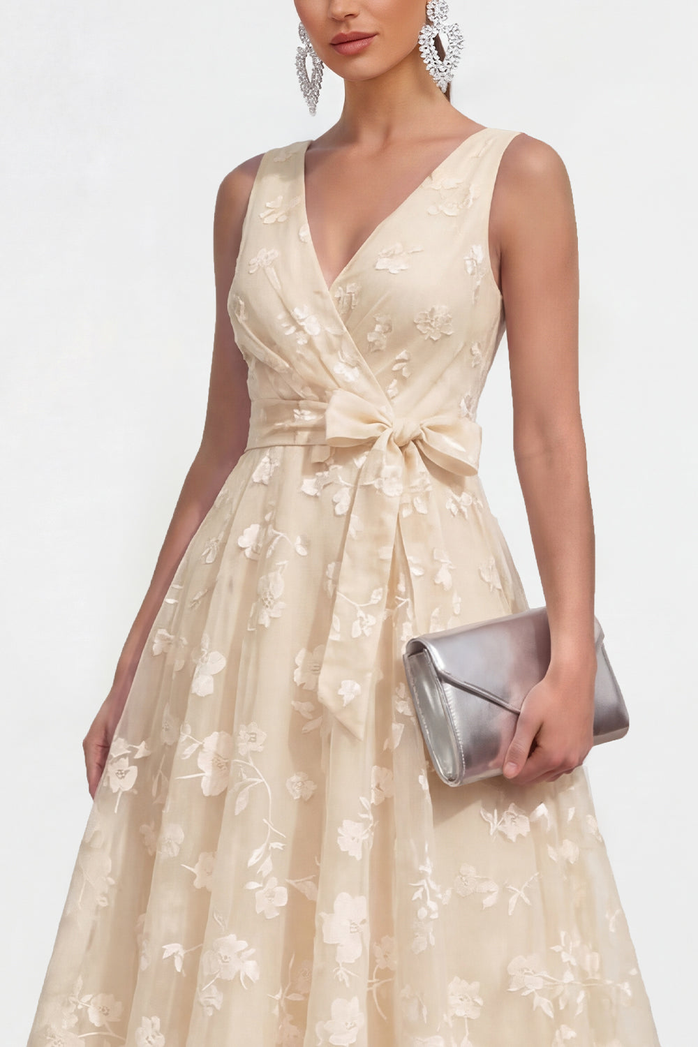 Lilac Floral V-Neck A Line Ruched Maxi Wedding Guest Dress with Bow