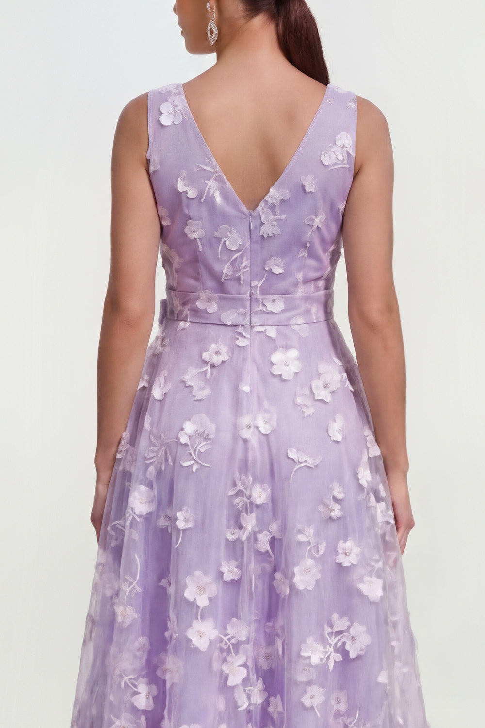 Lilac Floral V-Neck A Line Ruched Maxi Wedding Guest Dress with Bow