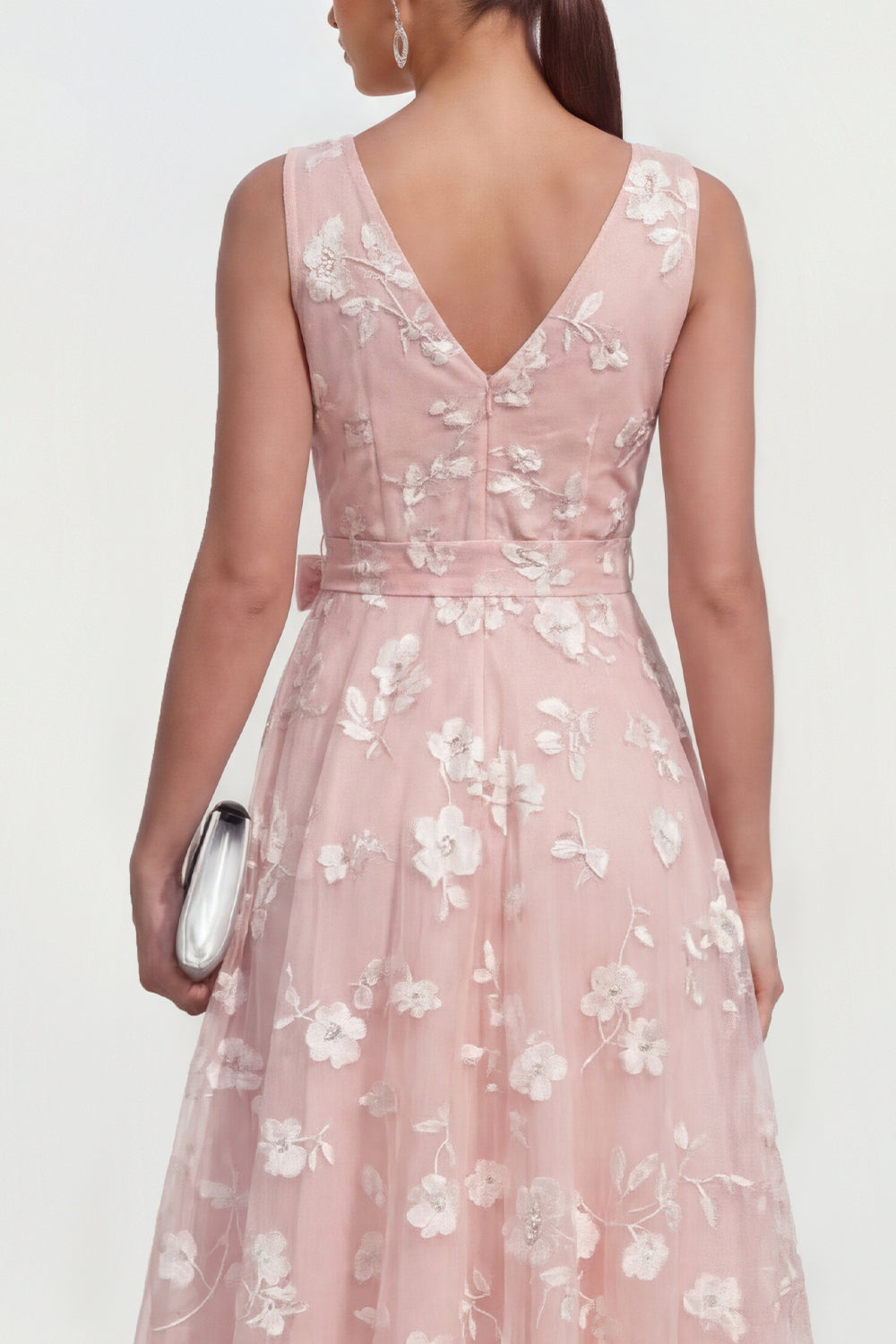 Lilac Floral V-Neck A Line Ruched Maxi Wedding Guest Dress with Bow