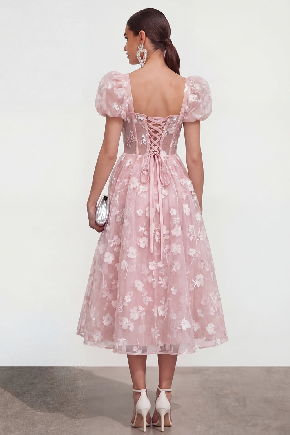Pink Floral Puff Sleeves A Line Maxi Corset Wedding Guest Dress